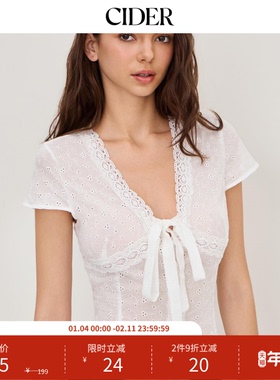 【明星同款】CIDER棉刺绣蝴蝶结法式蕾丝衬衫114326439