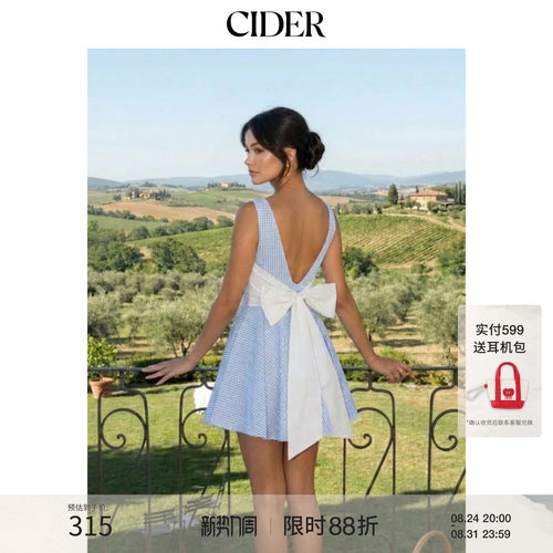 CIDER2026春季新品纯棉混纺船领格纹蝴蝶结迷你连衣裙115232710