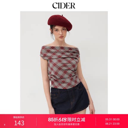 【明星同款】CIDER正品一字肩格纹短袖美式复古格子上衣113981213