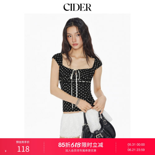 CIDER方领波点系带短袖短款T恤