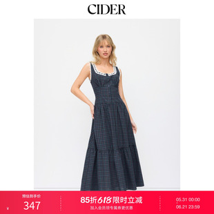 CIDER2026春季新品棉格纹方领蕾丝镶边长连衣裙115099856