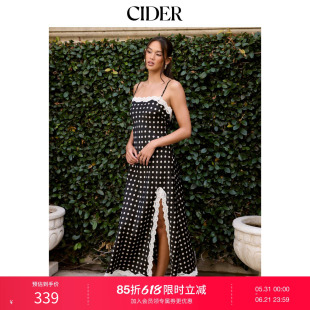 CIDER2026春季新品缎面波点蕾丝拼接开叉长连衣裙115324933
