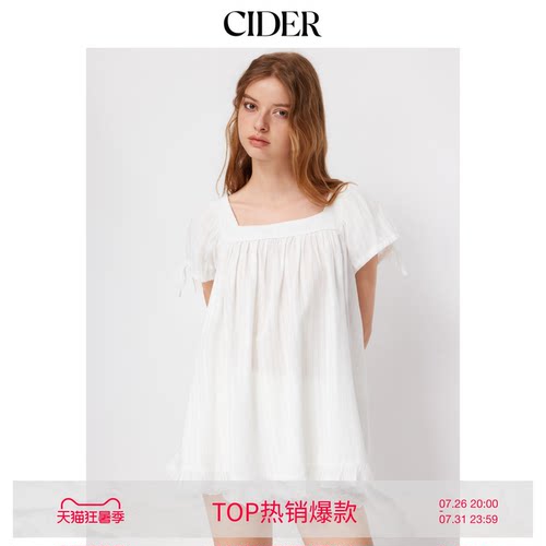 CIDER再生棉法式方领新款女装荷叶边系带短袖衬衫上衣