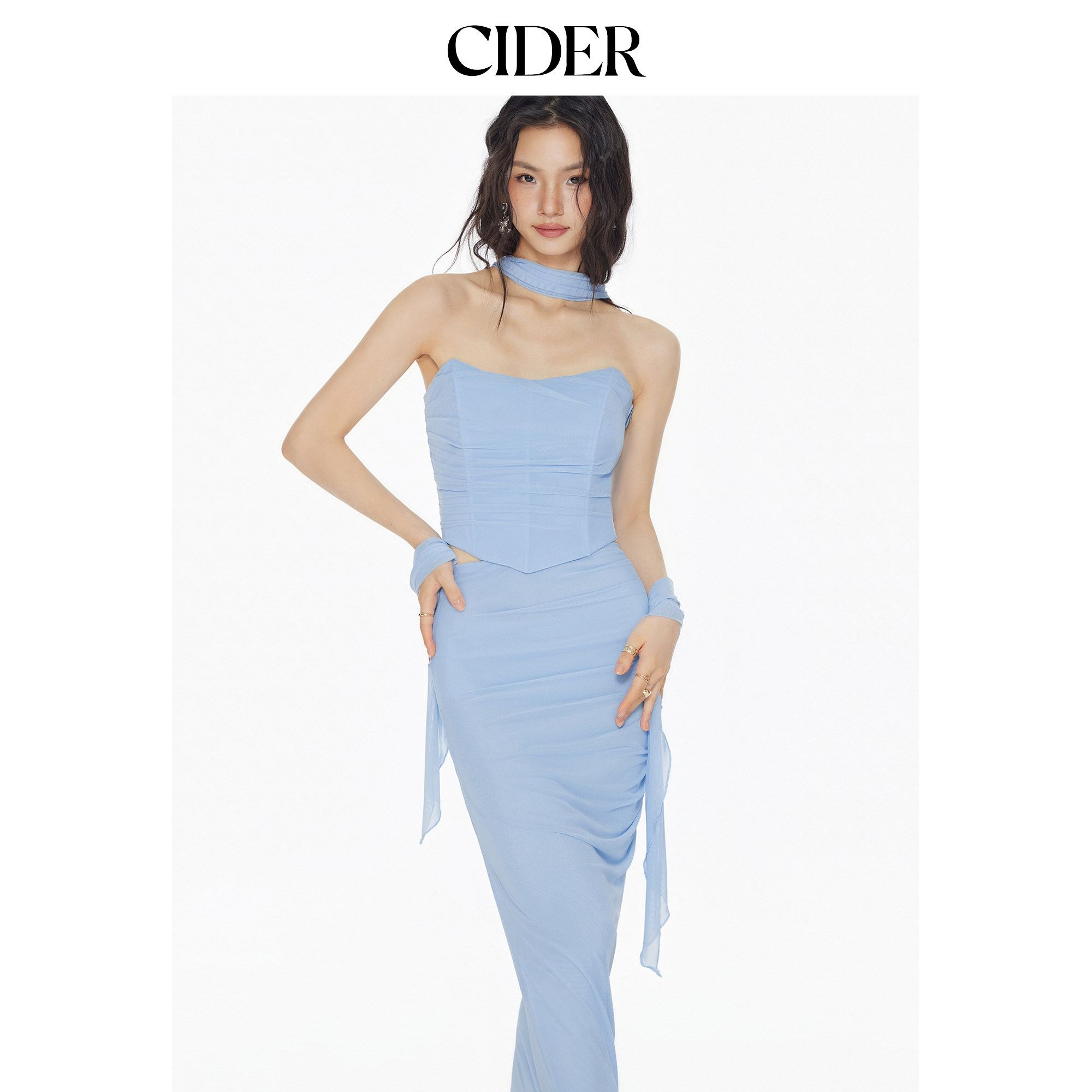 CIDER 网纱挂脖抹胸上衣鱼尾加长款裙装套装114628465