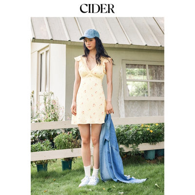 【明星同款】CIDER缎面碎花V领荷叶袖蓬蓬迷你连衣裙115283291