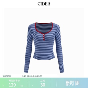 CIDER春秋女装 T恤114826968 撞色镶边条纹甜心领长袖