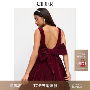 CIDER天鹅绒船领蝴蝶结露背中长连衣裙114013666