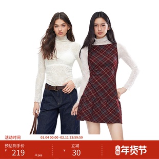 【所有女生直播间】CIDER明星同款酒红色格纹连衣裙/白色蕾丝上衣