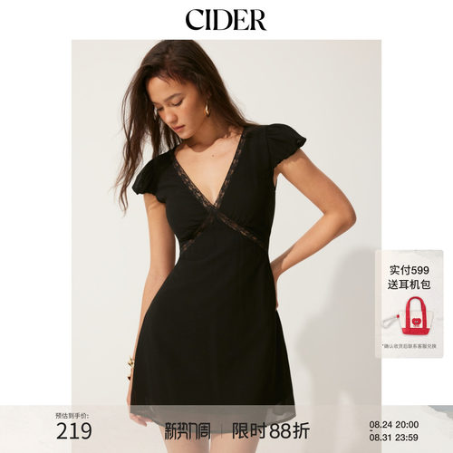 CIDER2026春季新品雪纺V领泡泡袖蕾丝拼接A字迷你连衣裙115393299