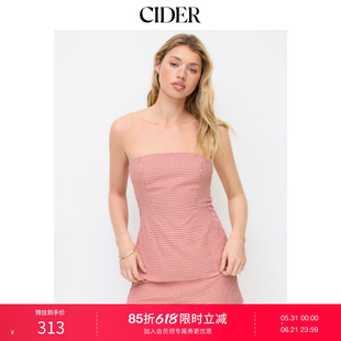 CIDER棉混格纹系带抹胸上衣&中腰褶裥短裤套装115328273