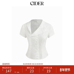 CIDER棉不对称领纽扣短袖弧形下摆短款上衣114782441