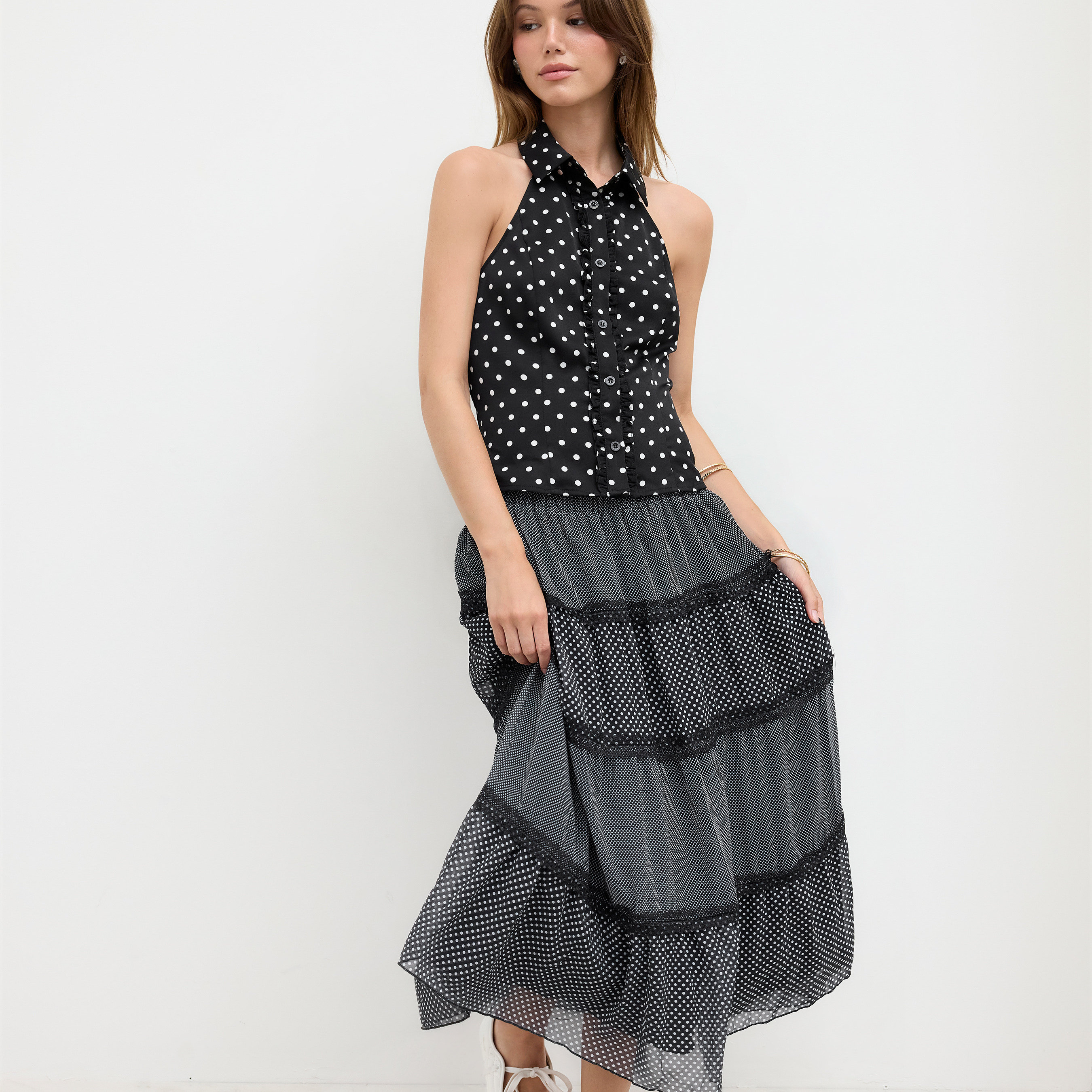 CIDER雪纺中腰蕾丝边波点长半身裙114659039