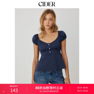 CIDER2026夏季新品棉混纺圆领泡泡袖蕾丝花边上衣115287885