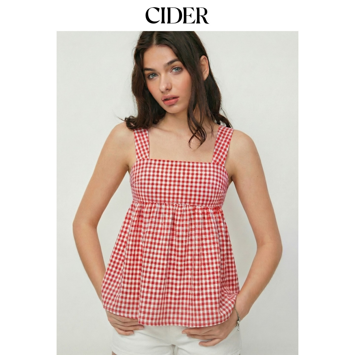 CIDER2026早秋穿搭棉混纺格纹方领蝴蝶结A字吊带短上衣115200358图片