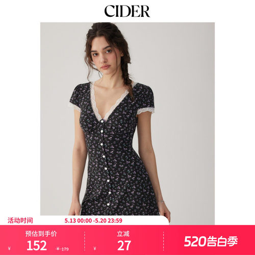 CIDER2026春季新品碎花V领蕾丝边高腰A字迷你连衣裙115285474