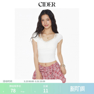 短款 V领蕾丝荷叶边短袖 T恤114484335 女装 CIDER夏季