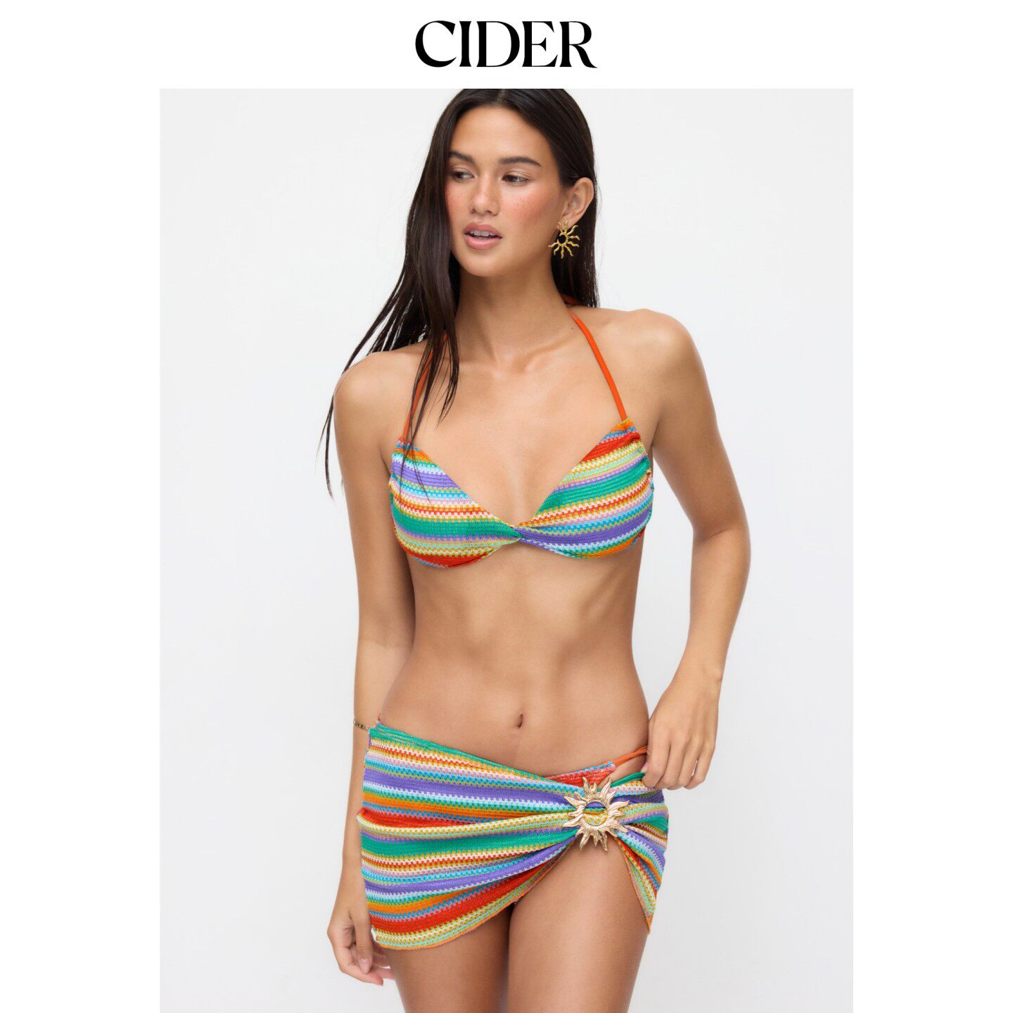 CIDER挂脖条纹手环上衣+低腰半包臀比基尼三件套115253903