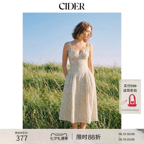 CIDER2026夏季新品碎花V领蝴蝶结蕾丝边牧裙长连衣裙115388112