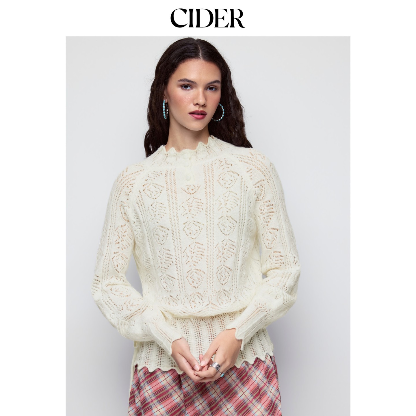 CIDER2026秋季新品针织网眼立领灯笼袖抽绳花边上衣115498750