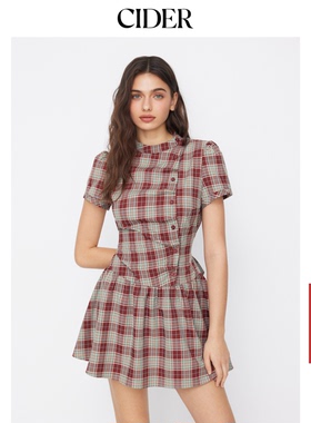 CIDER格纹翻领泡泡袖系带迷你连衣裙114992258