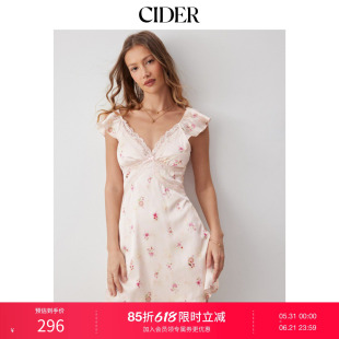CIDER2026春季新品缎面碎花V领荷叶袖蕾丝A字迷你连衣裙115251473