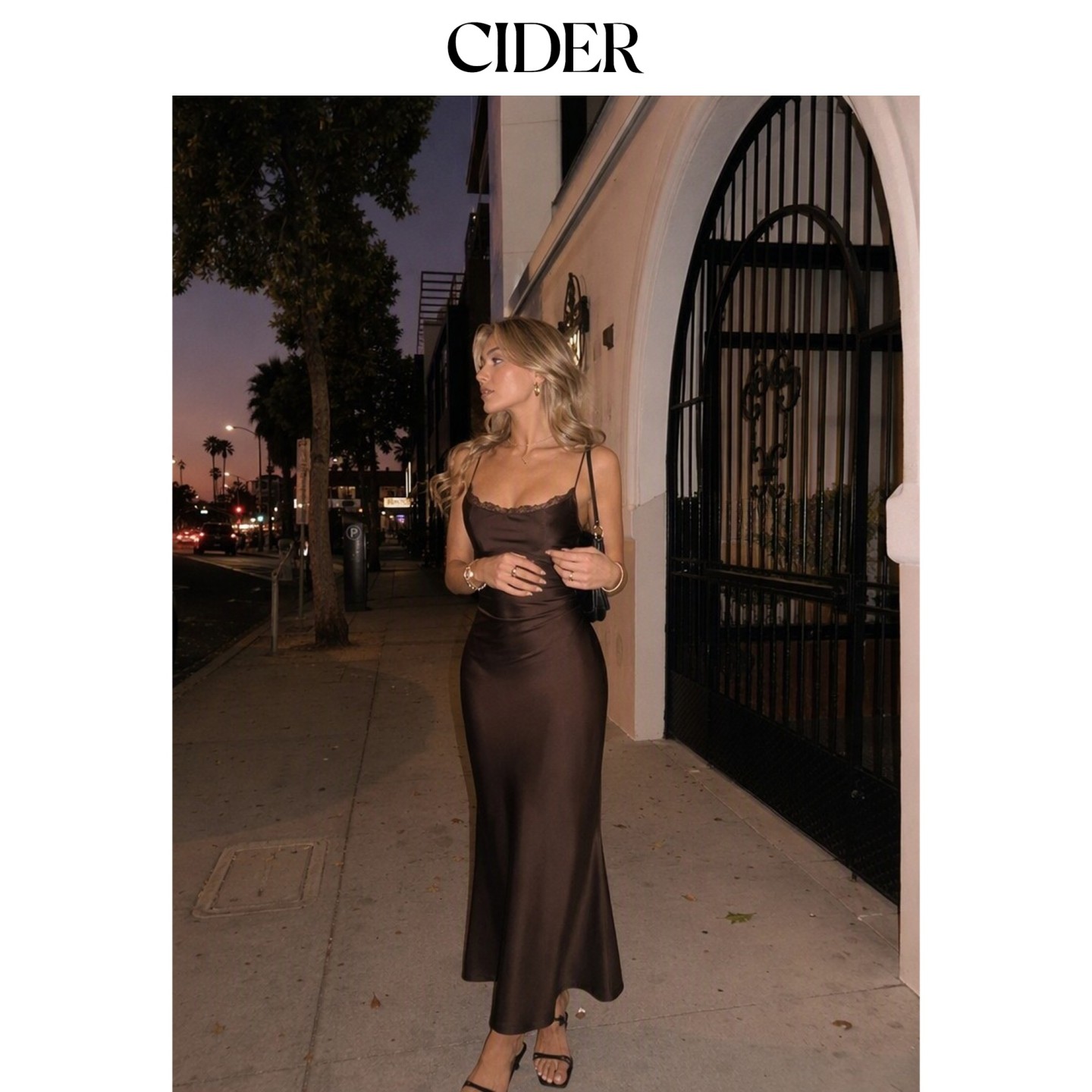 CIDER2026秋季新品方领蕾丝镶边褶皱美人鱼长连衣裙115613305