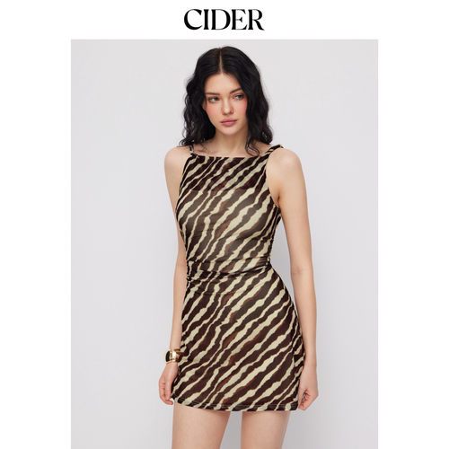 CIDER夏季女装网眼斑马纹船领褶皱迷你连衣裙114803780