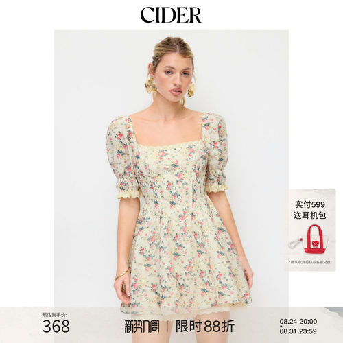 CIDER2026春季新品碎花方领泡泡袖抽褶娃娃迷你连衣裙115380315