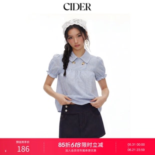 【明星同款】CIDER彼得潘格纹泡泡袖宽松上衣短袖衬衫115149732
