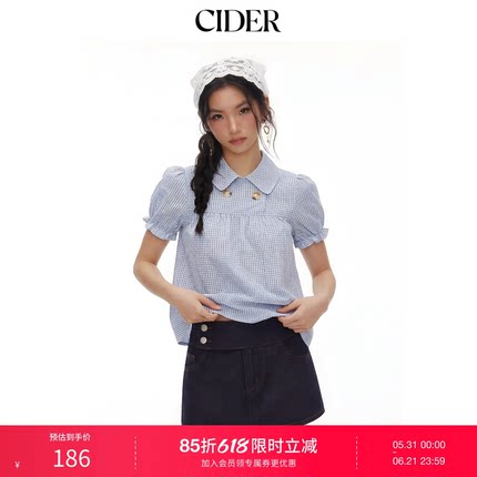 【明星同款】CIDER彼得潘格纹泡泡袖宽松上衣短袖衬衫115149732