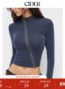 CIDER金属拉链细节条纹高领不对称长袖上衣114871755