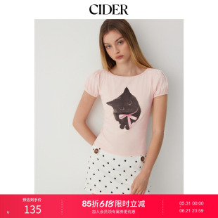 CIDER2026春季新品棉质混纺猫咪印花船领泡泡袖上衣115329669