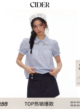 春季美式格纹泡泡袖宽松上衣