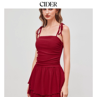 CIDER 夏季女装色方领褶皱系带层叠迷你连衣裙113025021