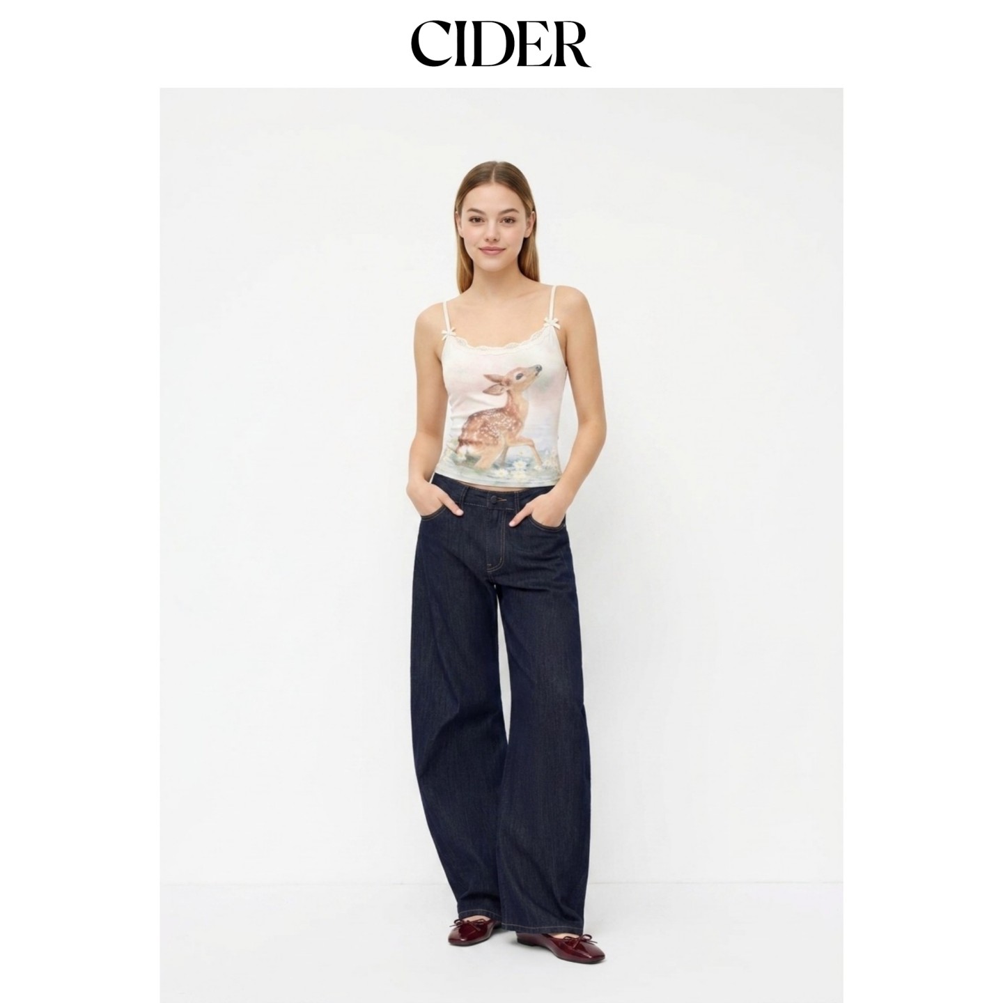 CIDER2026早秋季新品提花鹿印花圆领蕾丝蝴蝶结吊带上衣115508340图片