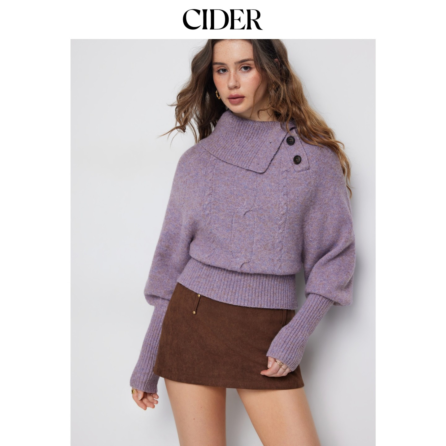 CIDER2026秋季新品绞花混纺羊毛不对称高领灯笼袖毛衣115514315
