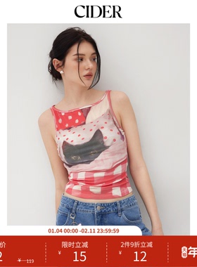【明星同款】CIDER猫咪印花格纹褶皱背心式上衣114340963