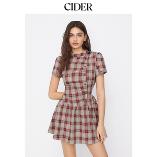 CIDER美式 系带迷你连衣裙114992258 格纹翻领泡泡袖