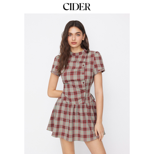 CIDER美式格纹翻领泡泡袖系带迷你连衣裙114992258