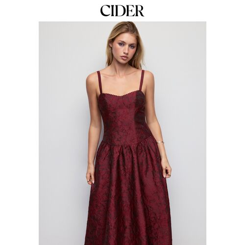 CIDER提花碎花大圆领扇贝边绑带大摆中长连衣裙115525107