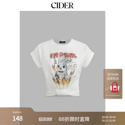 CIDER朋克风T恤音乐节穿搭兔子印花圆领上衣109246853