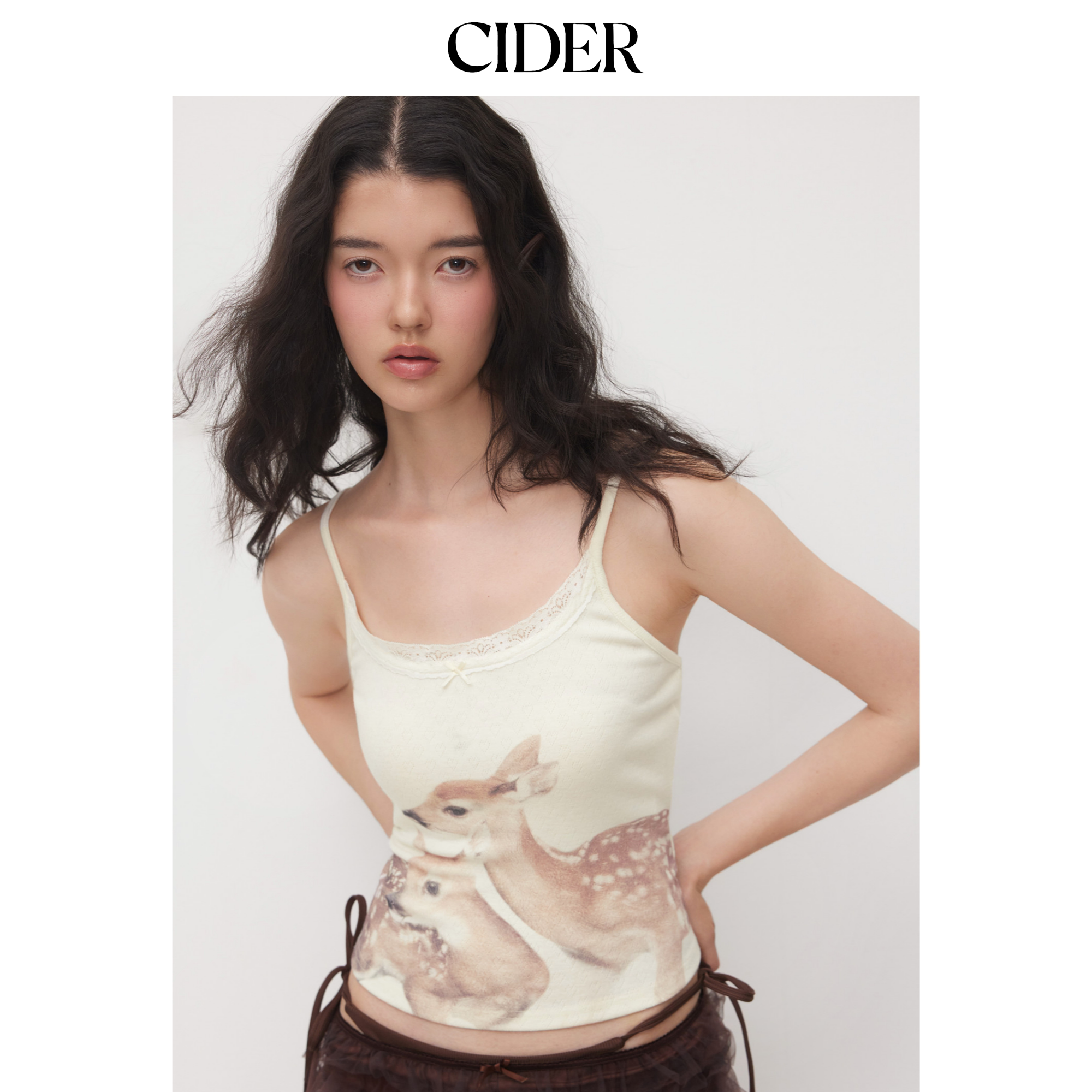 【明星同款】CIDER小鹿印花蝴蝶结蕾丝边背心内搭吊带衫114638923图片