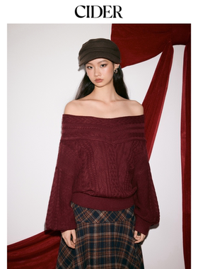 CIDER新年穿搭红色毛衣粗针织落肩灯笼袖一字肩宽松上衣114983064