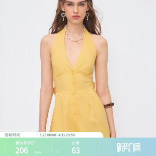 114651037 亚麻V领纽扣蝴蝶结露背连身裤 CIDER时尚 连身裤