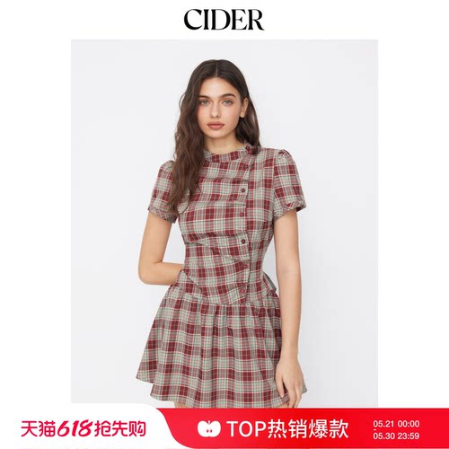【明星同款】520礼物｜CIDER美式格纹泡泡袖系带连衣裙114992258
