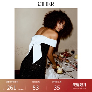 【明星同款】CIDER亮片一字肩纯色蝴蝶结迷你连衣裙113344846