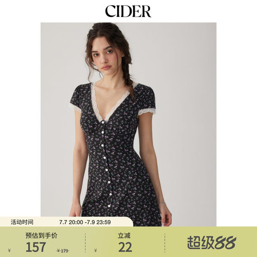 CIDER2026春季新品碎花V领蕾丝边高腰A字迷你连衣裙115285474