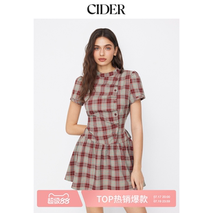 【明星同款】CIDER美式格纹泡泡袖系带连衣裙114992258