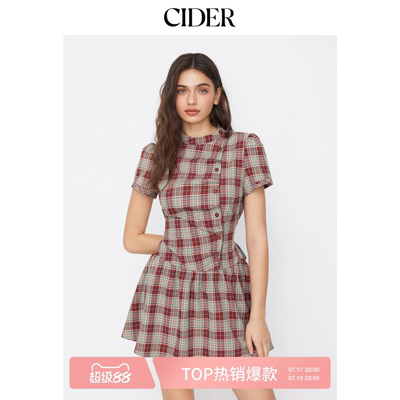 【明星同款】CIDER美式格纹泡泡袖系带连衣裙114992258