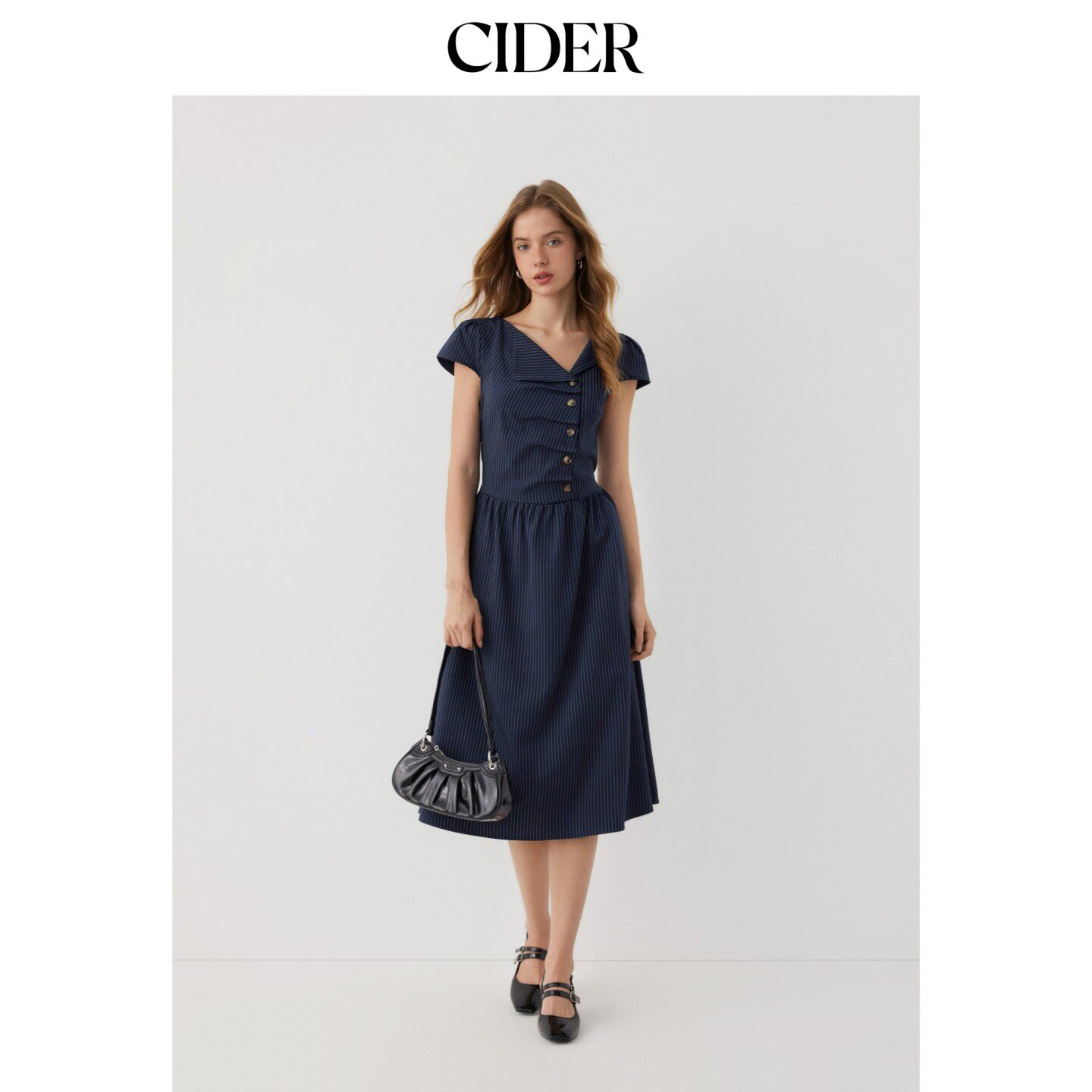 CIDER2026春季新品不对称领格子抽褶绑带中长伞裙连衣裙115041914